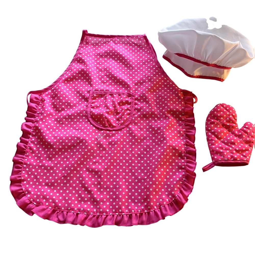 JaxoJoy Kids Chef Costume Set Pink Polka Dot Apron Hat Oven Mitt 95100